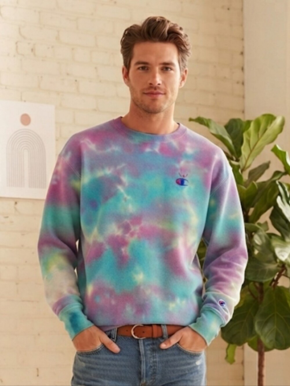 Champion Tie-Dye Crewneck Sweatshirt - Purple, Blue, Green, Yellow